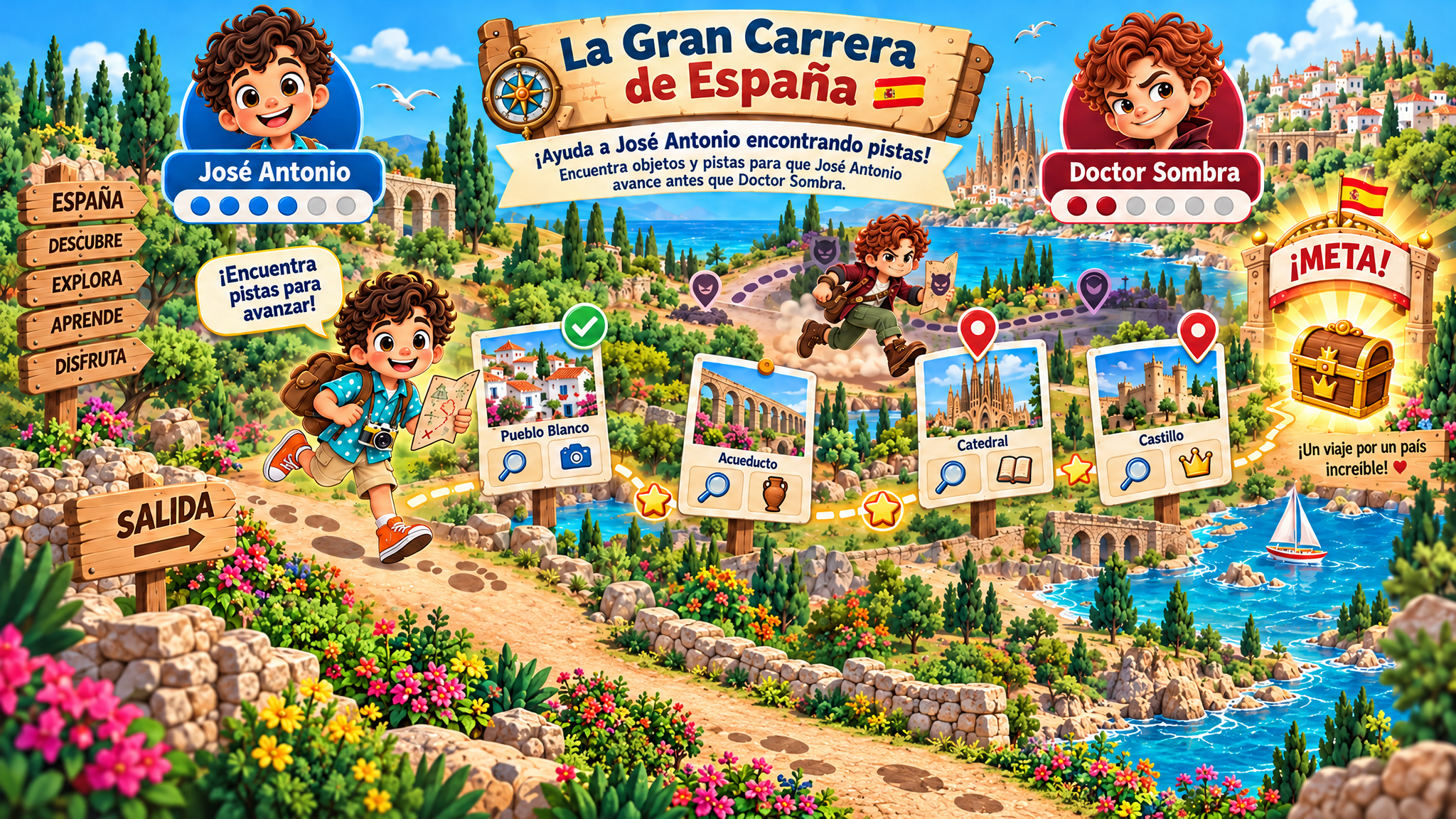 La Gran Carrera por España — tablero ilustrado con José Antonio y Doctor Sombra recorriendo España