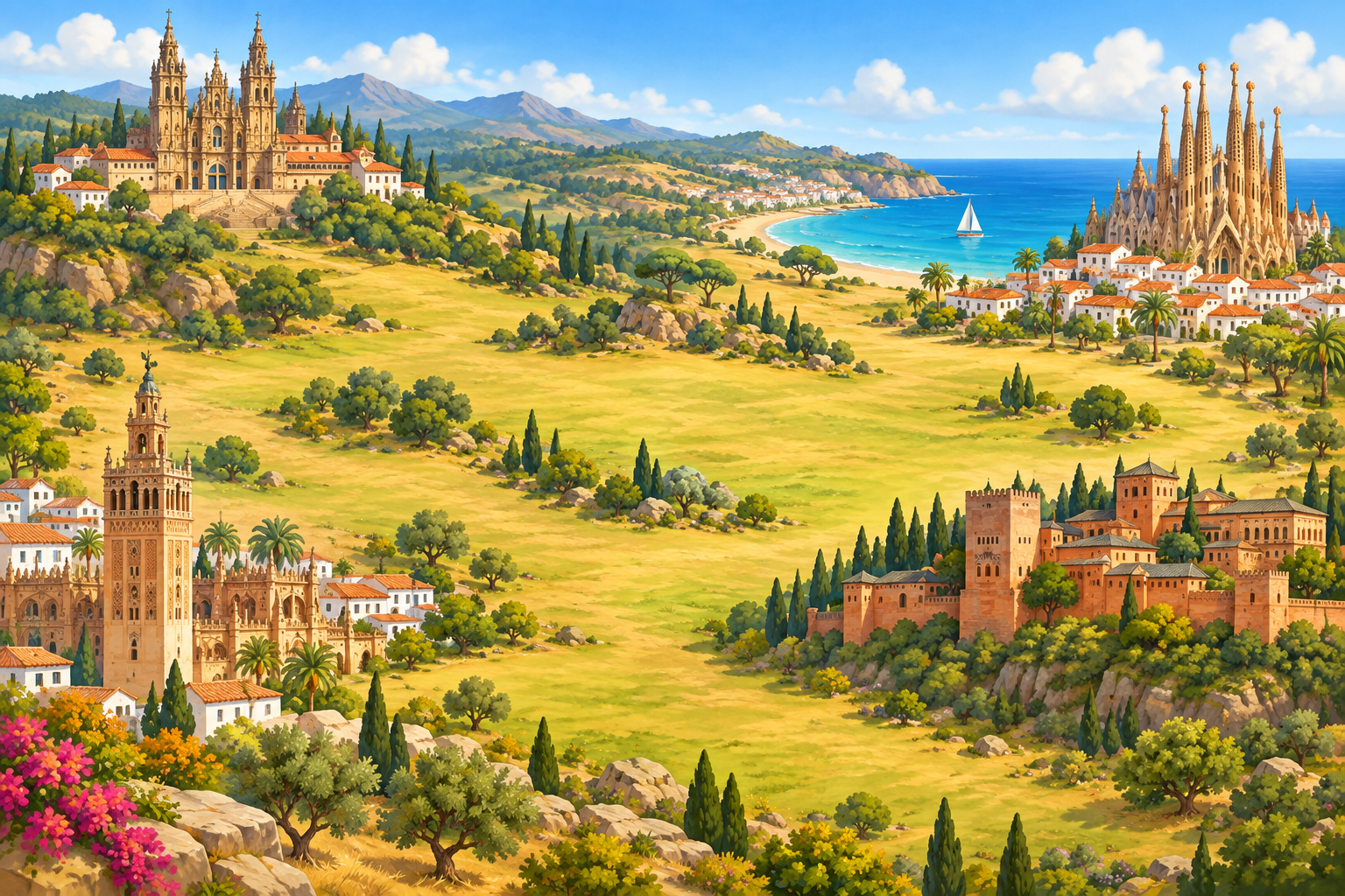 Mapa ilustrado de España con monumentos, costas y pueblos