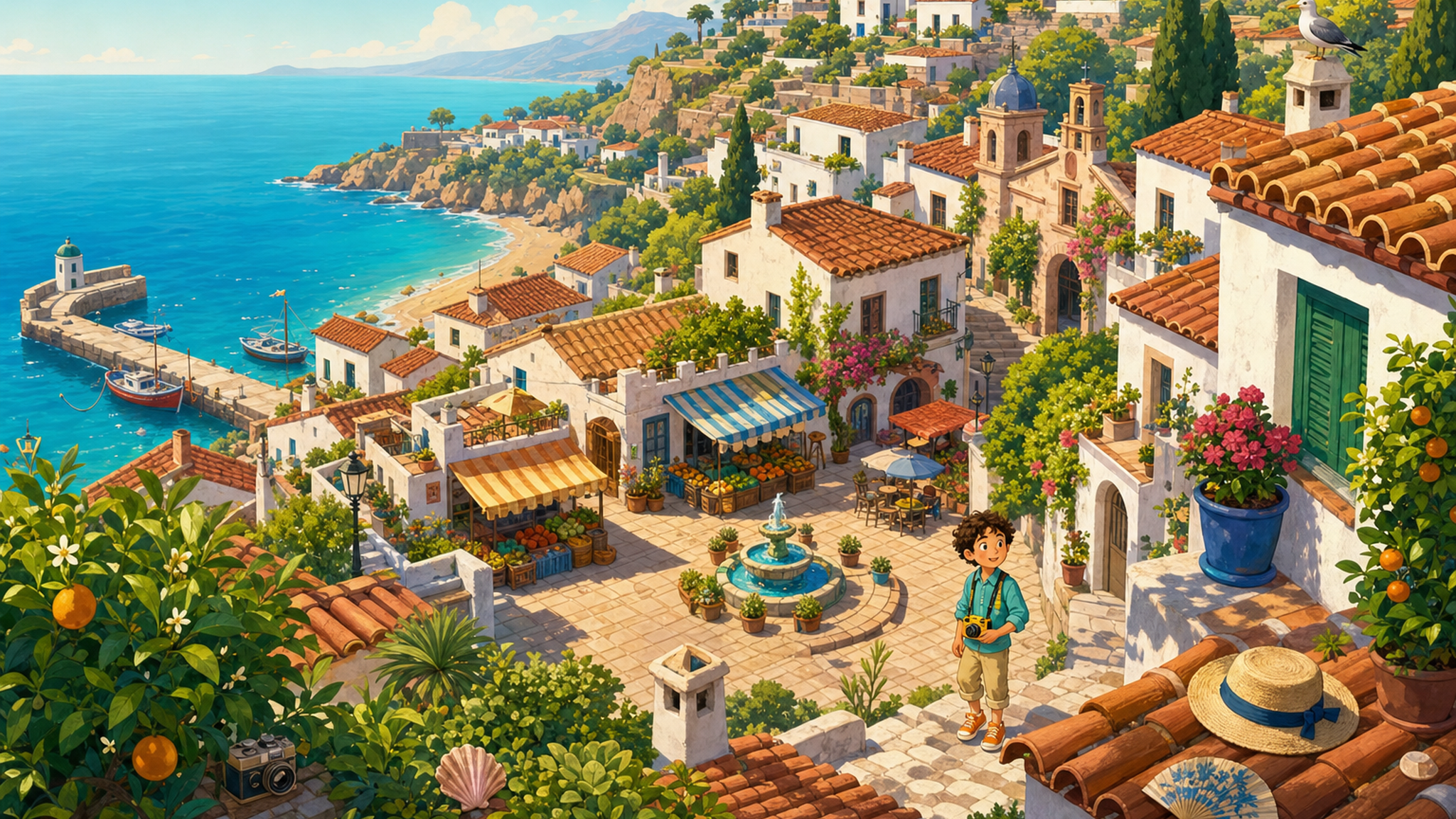 Pueblo costero mediterráneo iluminado por el sol