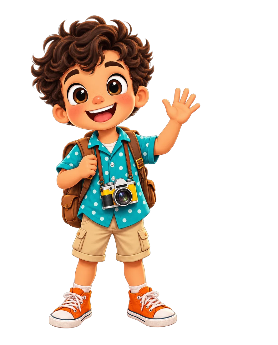 José Antonio, el niño explorador protagonista, con su cámara y su mochila